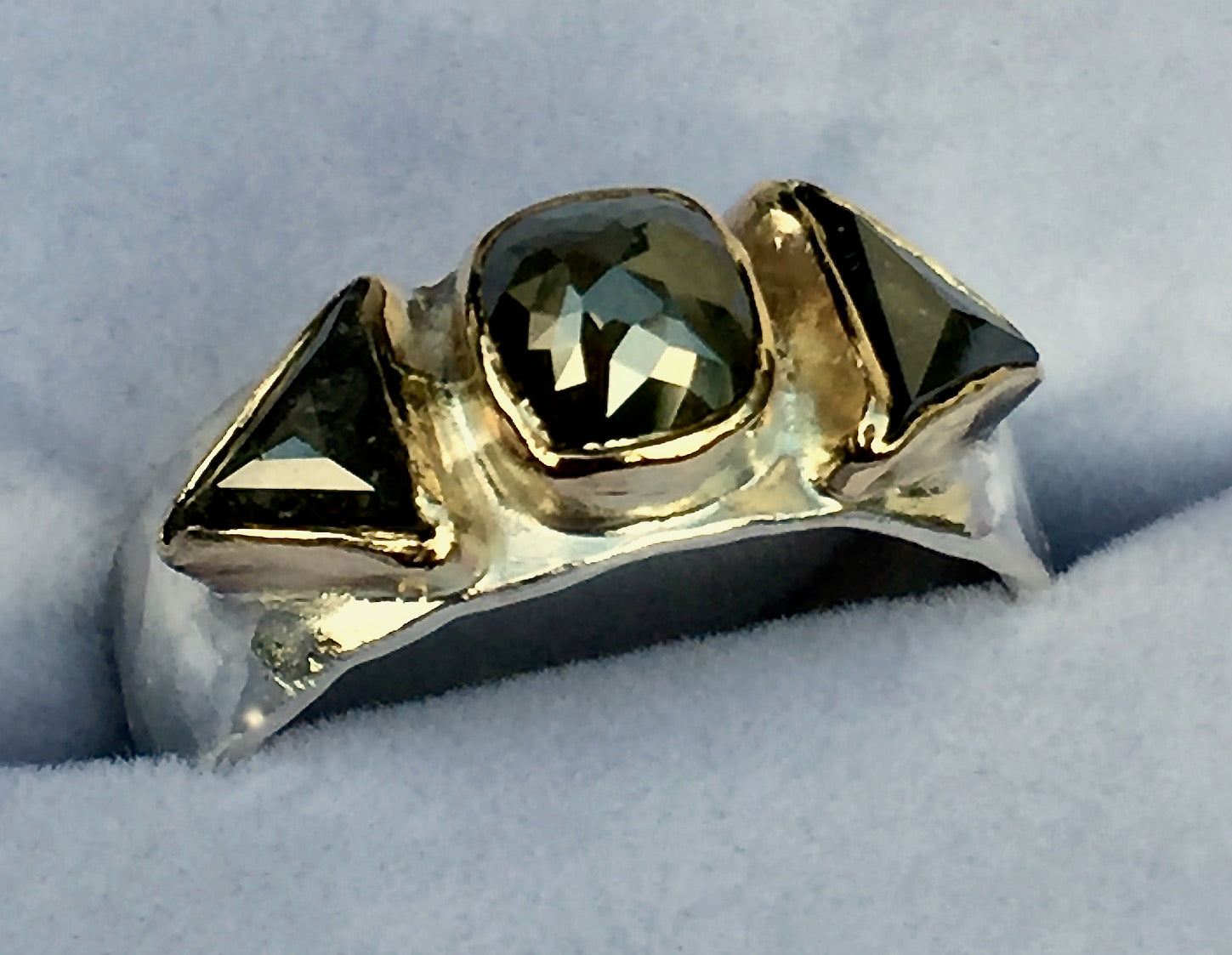 salt and pepper diamonds, silver and 9K gold, trilogy ring, engagement ring, one of a kind, made to order