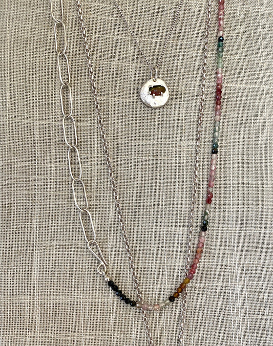 watermelon tourmaline sweetie charm shown with tourmaline chain necklace